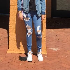Jeans frayed at ankles and distressed from Express